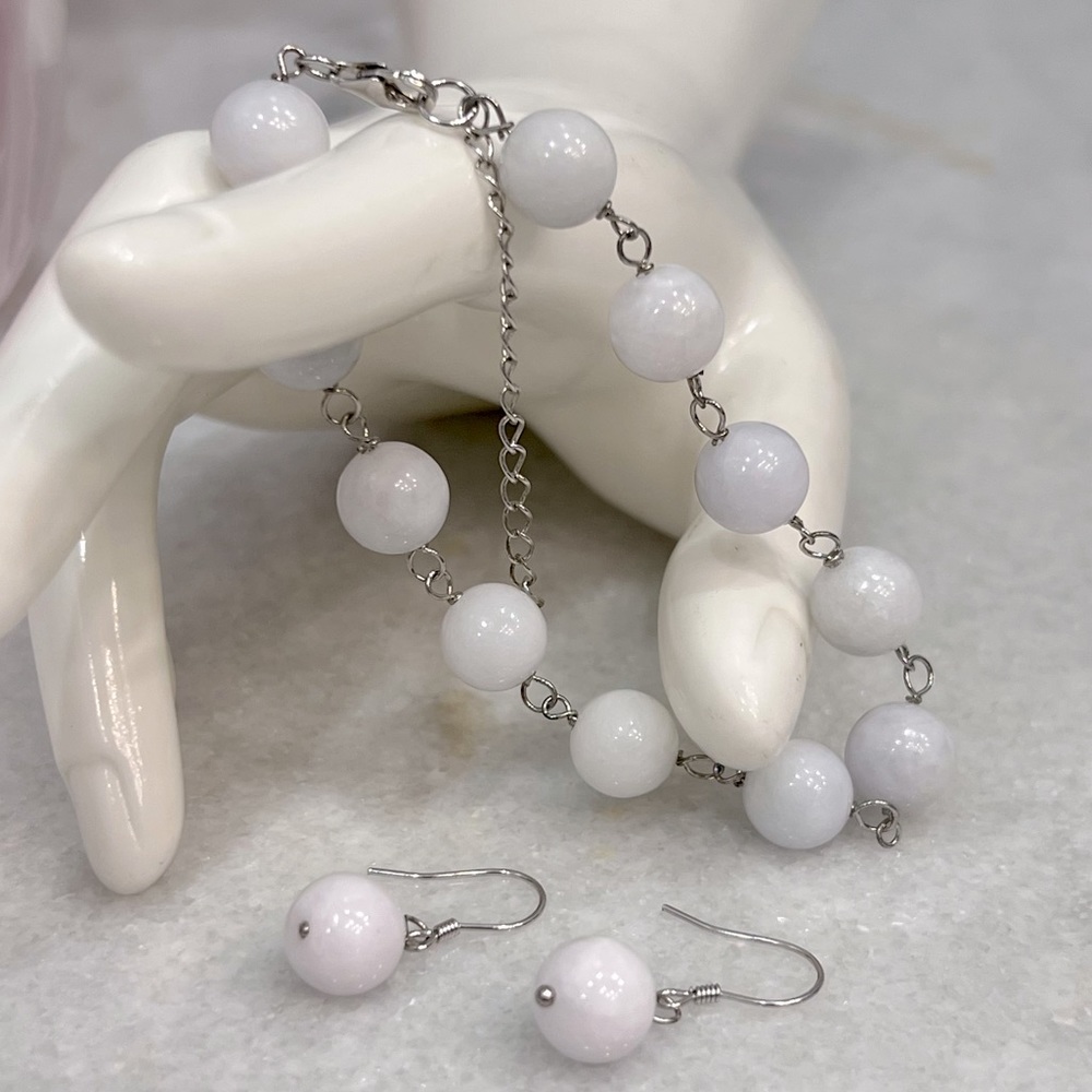 Burmese White Jade Sterling Silver Station Bracelet & Drop Earrings - Picture 1 of 11